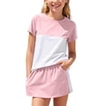 thumbnail image 1 of Girls 2 Piece Skirt Set Colorblock Striped Short Sleeve Crewneck Top and Mini Skirts 0-14Y Summer Outfits (2 Years, Pink), 1 of 8