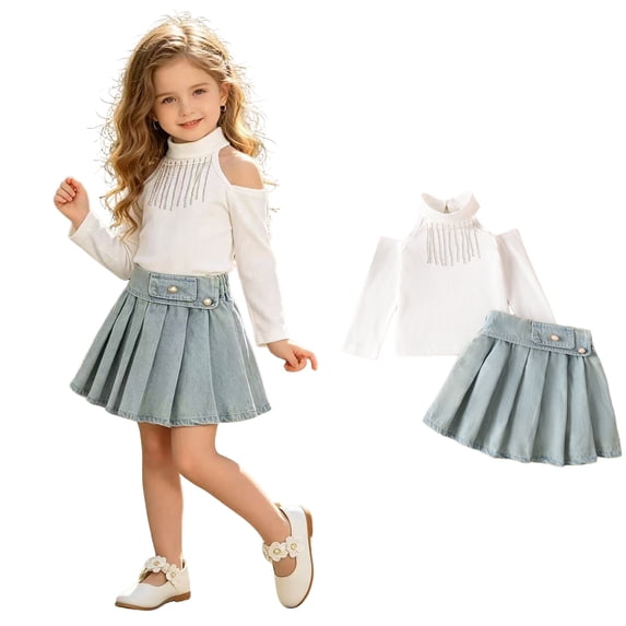 Girls 2 Piece Skirt Set Long Sleeve Top & Denim Skirt Outfit Summer Clothes Size 2-3 Years