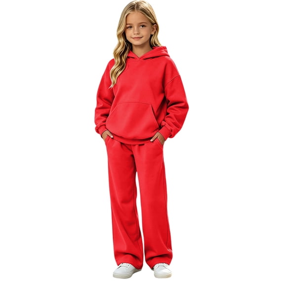 Girls 2 Piece Solid Hoodie and Sweatpants Set Long Sleeve Activewear Outfit 5-16Y Red 120