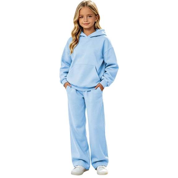 Girls 2 Piece Solid Hoodie and Sweatpants Set Long Sleeve Activewear Outfit 5-16Y Sky Blue 160