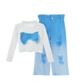 thumbnail image 1 of Girls 2 Piece Spring Set Mock Neck Long Sleeve Embroidery Crop Tops Button Down Jeans Y2k Cute Sports Suit (9-10Years, Blue), 1 of 7