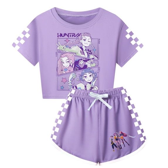 Girls 2-Piece Summer Outfit,Crop Top with KPOP Demon Hunters Print and Matching Shorts,Fashion Casual Checkerboard and Color Block Set