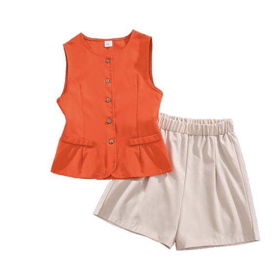 Girls 2 Piece Summer Outfit Dressy Casual Matching Sets Size 14 Sleeveless Vest Blazer and Skirt/Shorts Set Kids Clothes Size 9-10 Years Orange