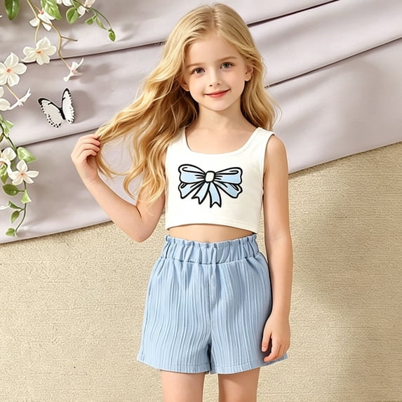 Girls 2 Piece Summer Outfit Sets Bow Print Crop Tank Top & Elastic Waist Crinkle Shorts Casual Breathable Clothes for Kids Blue Size 8-9 Years