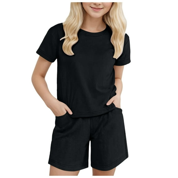 Girls 2 Piece Summer Outfits Kids Short Sleeve T-Shirts and Elastic Waist Shorts Clothing Sets Girls Sweatsuit Summer Outfits For Teens Solid Color