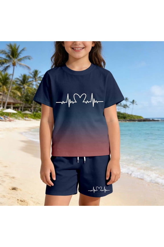 Girls 2-Piece Summer Outfits Set Short Sleeve Crew Neck T-Shirt & Elastic Waist Shorts Casual Breathable Clothes for Kids Navy Size 5-6 Years