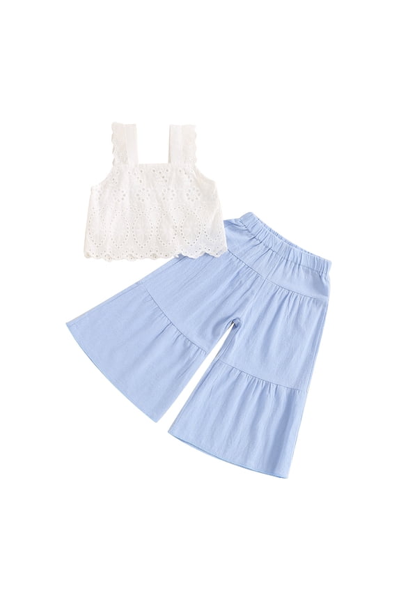 Girls 2-Piece Sweet Summer Outfit Set, 2-8Y Lace Trim Cami Crop Top & Solid Wide Leg Pants, Cute Casual Outfit for Little Girls Daily Wear Blue 4 Years