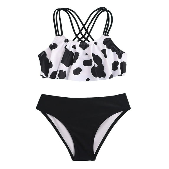 Girls 2-Piece Swimsuit Cow Cute Crisscross Back Floral Print Bathing Suit, Size 8 Years-14 Years