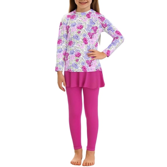 Girls 2 Piece Swimsuit Crew Neck Long Sleeve Print Tops Skorts Built In Long Pants Sun Protection Quick Dry Swimwear (4-6Years, Watermelon Red)