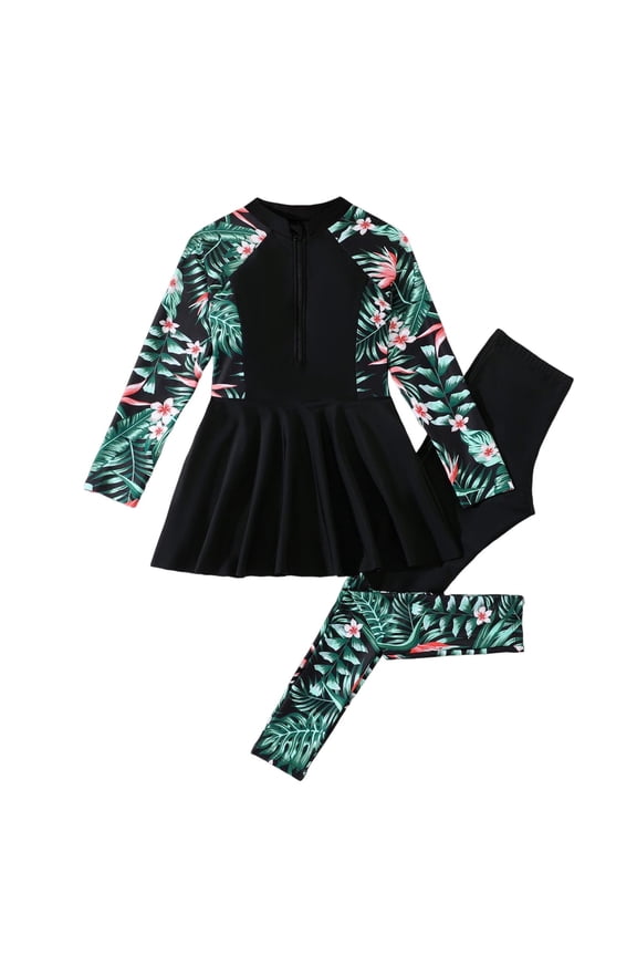 Girls 2 Piece Swimsuit Half Zip Long Sleeve Crew Neck Tops Long Pants Rash Guard Set Print Modest Swimwear (12-13Years, Black)