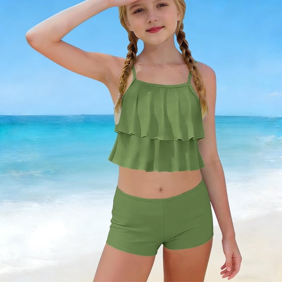 Girls 2-Piece Swimsuit Set 6-15 Years, Ruffled Hem Tankini Top with Boyshorts, Solid Color Print Summer Beach Swimwear Green 10-11 Years