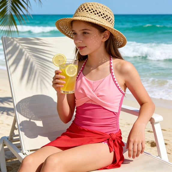 Girls' 2-Piece Swimsuit Set - Criss Cross Ruched One Piece Bathing Suit with Mesh Cover Up Skirt, Adjustable Straps Swimwear for Beach Pool (Ages 7-16 Years)