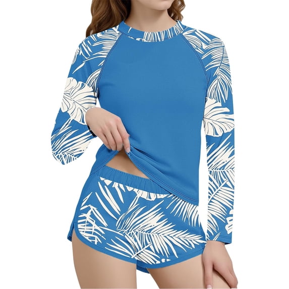 Girls 2 Piece Swimsuit Set Long Sleeve Rash Guard UPF 50+ and Swim Shorts Quick Dry Blue Tropical Print,Size 8-9 T