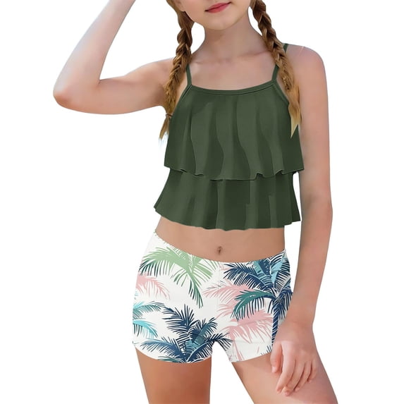Girls 2 Piece Swimsuit Set Ruffle Tankini Top & Tropical Print Boy Shorts Quick Dry UPF Swimwear Ages 6-15,Size 10-11 T