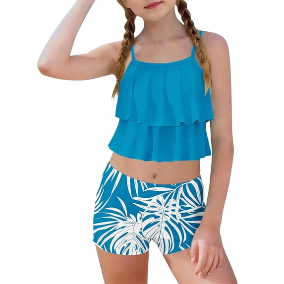 Girls 2 Piece Swimsuit Set with Ruffled Top & High Waisted Shorts Tropical Print Quick Dry Swimwear for Kids Teen Beach Pool,Size 12-13 T