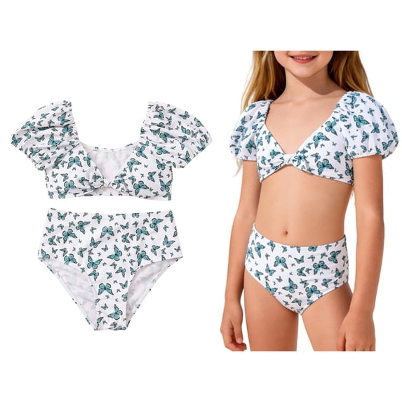 Girls 2 Piece Swimsuit Short Sleeve Crop Top Girls Bathing Suit with Chest Pad Girls Bathing Suits Size 8-9 Years