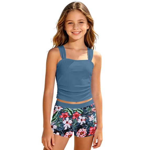 Girls 2 Piece Swimsuit Summer Tropical Printed Bathing Suit Casual Tankini Swimwear Comfortable Beach Bikinis Set Vacation Swimsuit Clothes for Girls 9-15Y