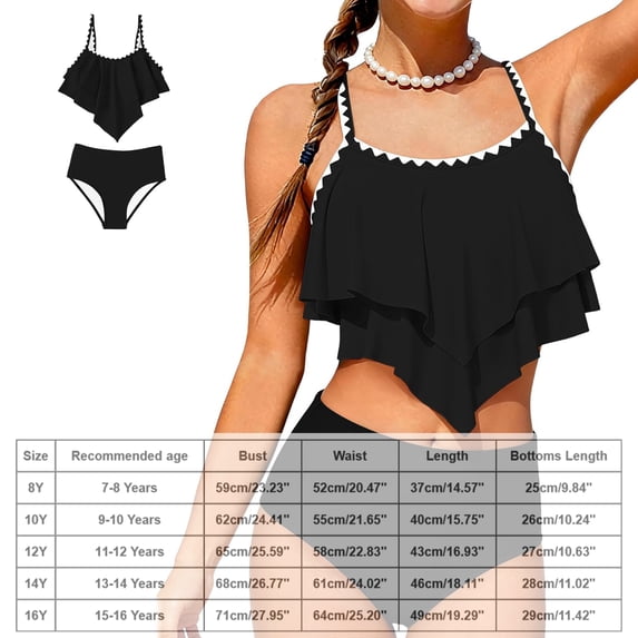 Girls 2 Piece Swimsuits Color-Block Tiered Ruffled Bathing Suit Black Bikini Set Swimwear Girl Bathing Suit 7-8 Years