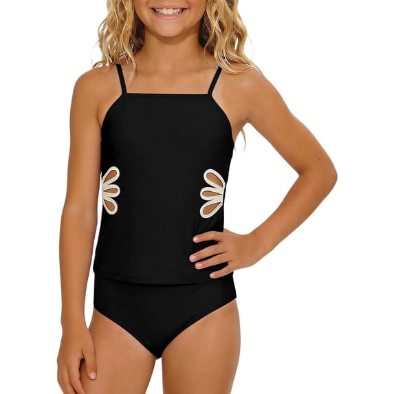 Girls 2 Piece Tankini Swimsuit Adjustable Straps Cut Out Solid Color Bathing Suit with Padded Shell Tween Swimwear for Beach Pool Vacation(Black/120)