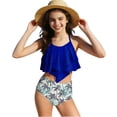 thumbnail image 1 of Girls 2 Piece Tankini Swimsuit Set, Ruffled Tropical Print Halter Top and High Waisted Bottoms, Bathing Suit for 7-14 Years, 1 of 7