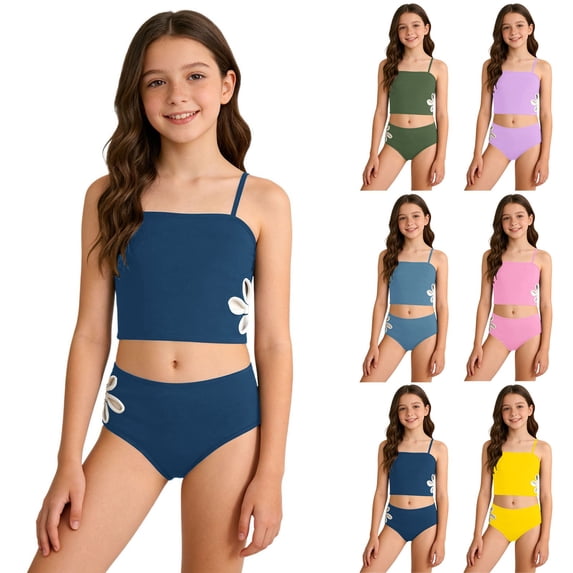 Girls 2 Piece Tankini Swimsuit Side Flower Applique High Waisted Bathing Suits for Girls Summer Beach Swimwear