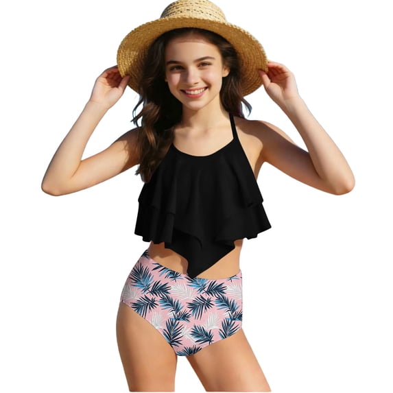 Girls 2 Piece Tankini Swimsuit Spaghetti Strap Ruffled Halter High Waist Print Trunk Quick Dry Bathing Suit (13-14Years, Black)
