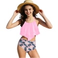 thumbnail image 1 of Girls 2 Piece Tankini Swimsuit Spaghetti Strap Ruffled Halter High Waist Print Trunk Quick Dry Bathing Suit (7-8Years, Pink), 1 of 7