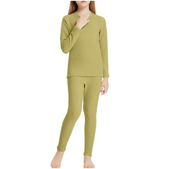 Girls' 2 Piece Thermal Underwear Sets Long Sleeve Top Elastic Waisted Pants Toddlers and Kids Warm Home Suit Set, Green 9 Years