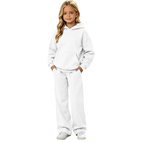 Girls 2 Piece Tracksuit Set Solid Color Hooded Sweatshirt and Pocket Sweatpants Athletic Outfit 5 16Y White 110