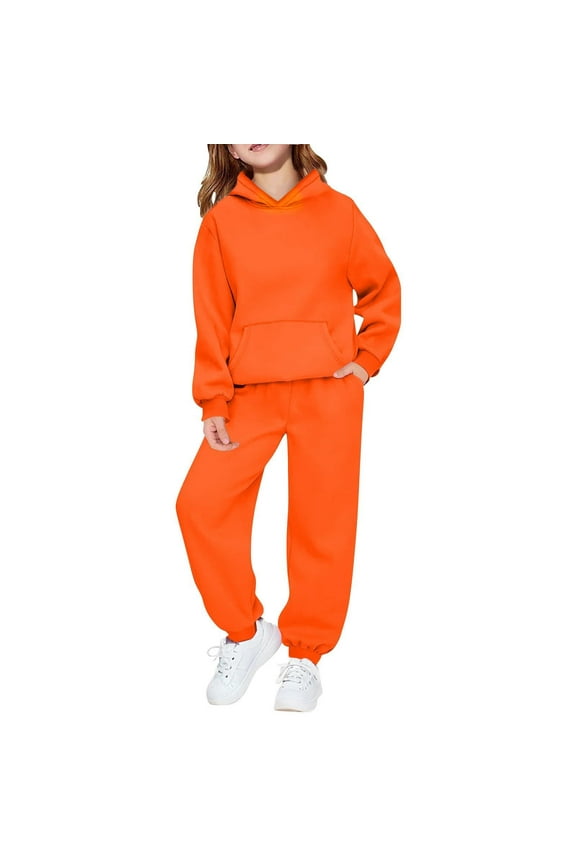 Girls 2-Piece Tracksuit Set, Solid Color Long Sleeve Hooded Sweatshirt and Jogger Pants, Soft & Comfortable Outfit for Kids and Big Girls Ages 2-14, Casual Loungewear and Activewear
