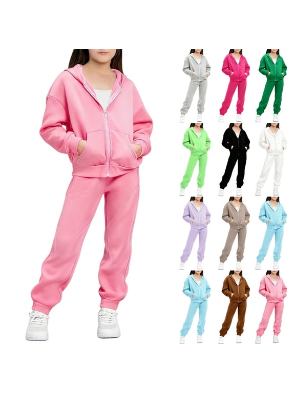 Girls 2 Piece Tracksuit Sets Fleece Sweatsuits Full Zip Up Sweatshirt Jacket and Sweatpants Joggers Fall Outfits with Pockets