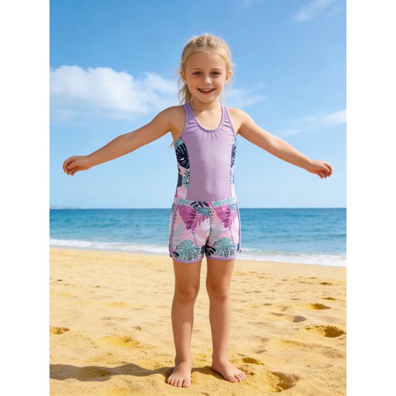Girls' 2-Piece Tropical Print Swimsuit Set - Purple & Pink，vacation ，swim lesson