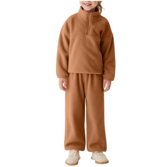 Girls 2-Piece Winter Clothes Warm Soft Fleece 1/4 Zip Pullover Sweater Top and Joggers Pant Sets Kids Tracksuits (0 Years, Brown)
