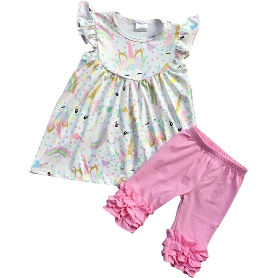 Girls 2 Pieces Pant Set Unicorn Dress Ruffle Pants Outfit Clothing Set Off White 4 M (201334)