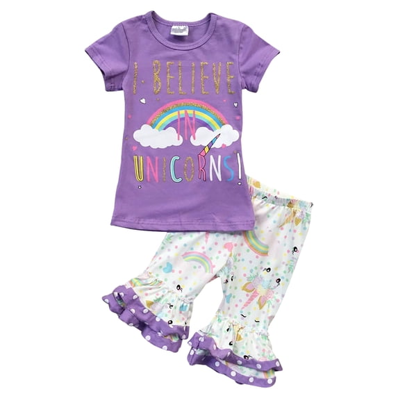 Girls 2 Pieces Pant Set Unicorn Rainbow Top Capris Pants Outfit Clothing Set Purple 8 XXXL (201275)