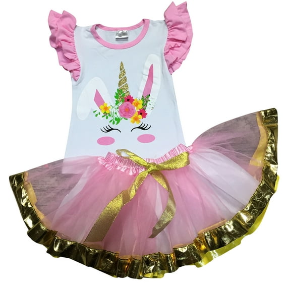 Girls 2 Pieces Skirt Set Unicorn Bunny Top Easter Tutu Skirt Clothing Set Pink 3T S (503259)