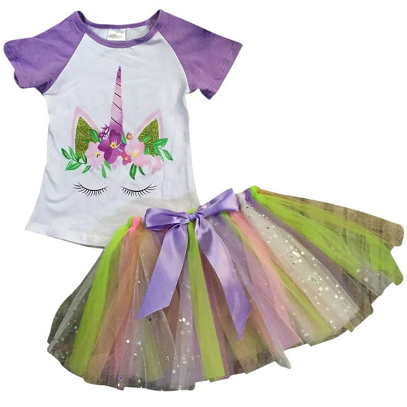 Girls 2 Pieces Skirt Set Unicorn Floral Top Colorful Tutu Skirt Clothing Set Lavender 5 L (201377)