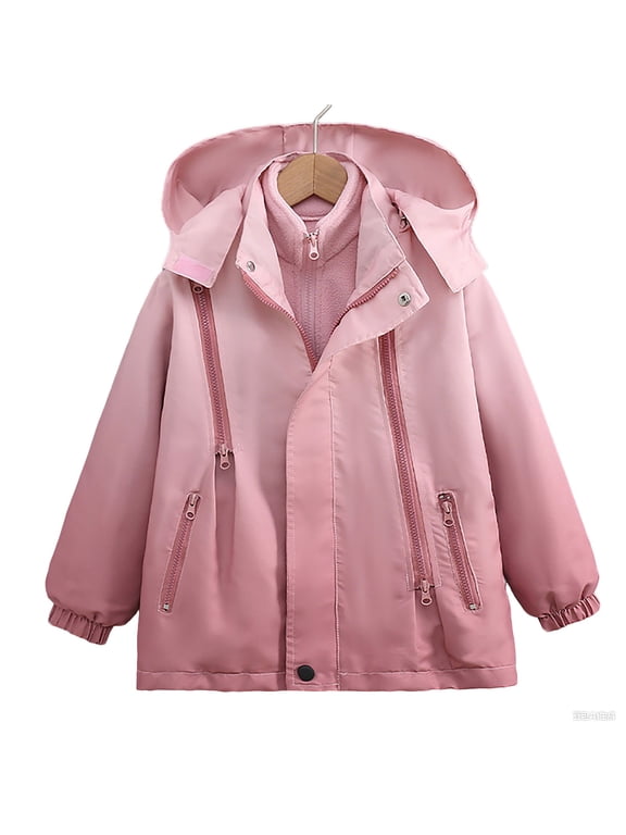 Girls 2 in 1 Hooded Jacket with Removable Fleece Lining Pink Water Resistant Windproof,Size 5 T