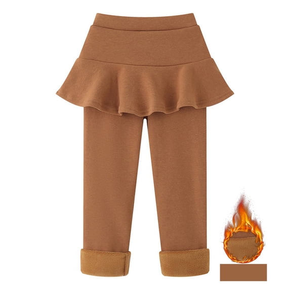 Girls' 2-in-1 Leggings with Attached Short Skirt, Fleece Lined Winter Pants, All-in-One False Two-Piece Outfit for Toddlers and Kids Brown