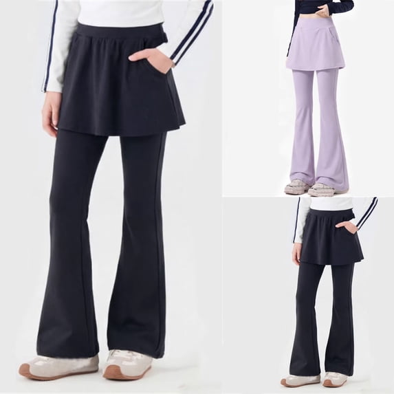 Girls 2-in-1 Skirted Flare Leggings, High Waist Skort Bootcut Yoga Pants with Pockets, Sports School Uniform Flared Trousers, Trendy Back To School Clothes for Girls