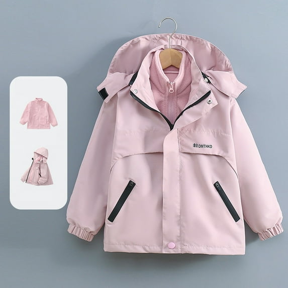 Girls 2-in-1 Waterproof Windproof Jacket Set with Removable Fleece Liner, Winter Hooded Thermal Outerwear for Outdoor Activities, Hiking and Skiing Pink