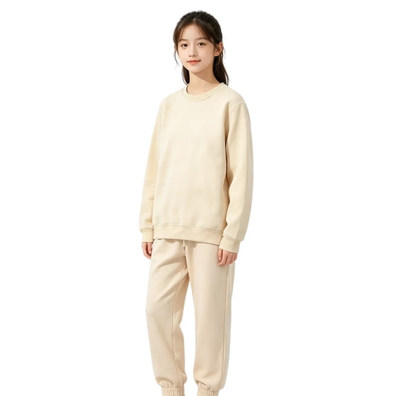Girls 2-piece Fleece Sweatshirt and Jogger Set 2026 Fall Outfits Girl Boy Long Sleeve Top and Long Pants Set Sweatsuits(Beige,8-9 Years)