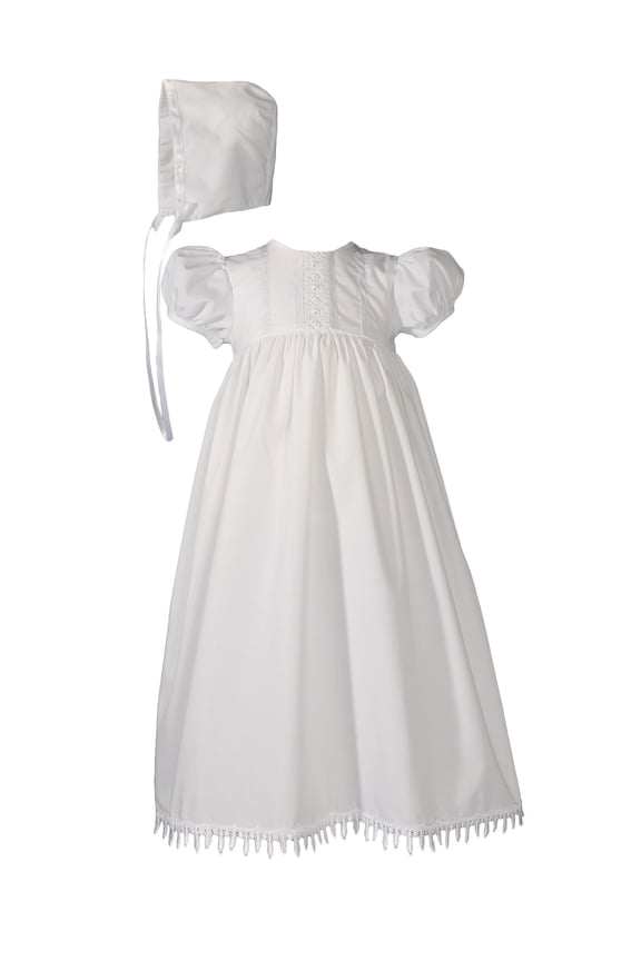 Girls 24" Poly Cotton Teardrop Lace Christening Baptism Gown with Bonnet