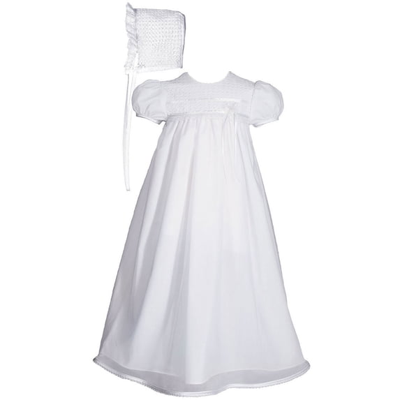 Girls 25" Cotton Broadcloth Christening Gown with Tricot Overlay and Lace Bonnet