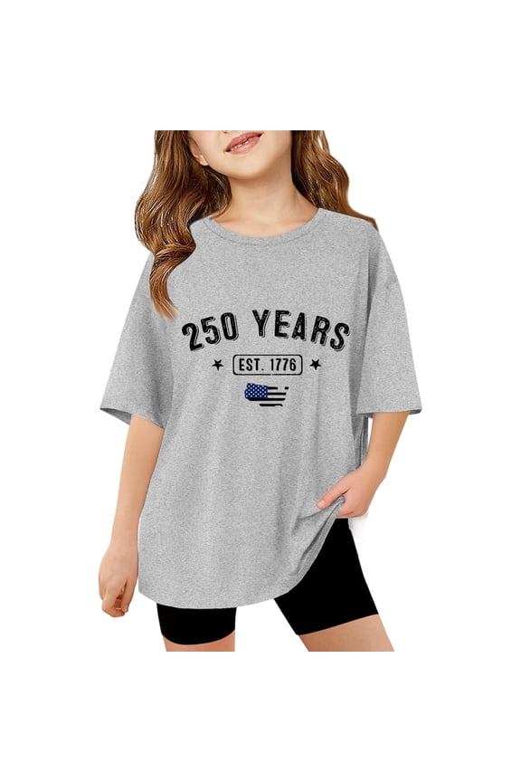 Girls' 250 Years Est 1776 Printed T Shirt Short Sleeve Crew Neck Independence Day Top Grey 13 Y-14 Y