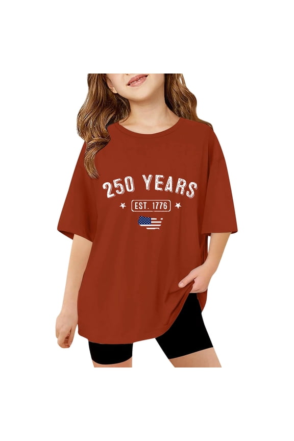 Girls' 250 Years Est 1776 Printed T Shirt Short Sleeve Crew Neck Independence Day Top Red 13 Y-14 Y