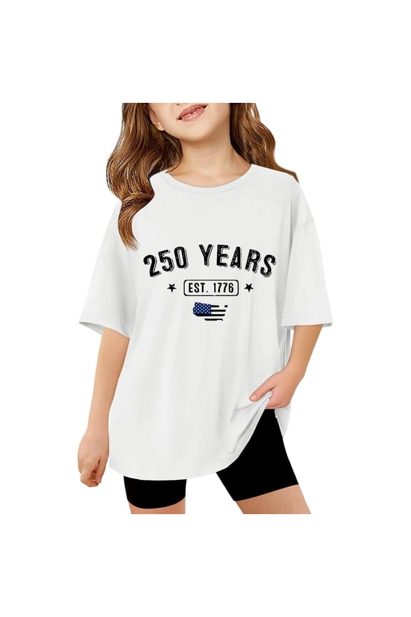 Girls' 250 Years Est 1776 Printed T Shirt Short Sleeve Crew Neck Independence Day Top White 13 Y-14 Y