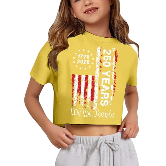 Girls 250th Anniversary Crop Top, Patriotic American Flag Print Short Sleeve Tee for Kids, Casual Independence Day Summer Shirt for Daily Holiday Wear(Yellow,9-10 Years)