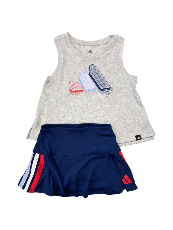 Girls 2PC Adidas Outfit White Rainbow T-Shirt & Blue Ombre Skort Set