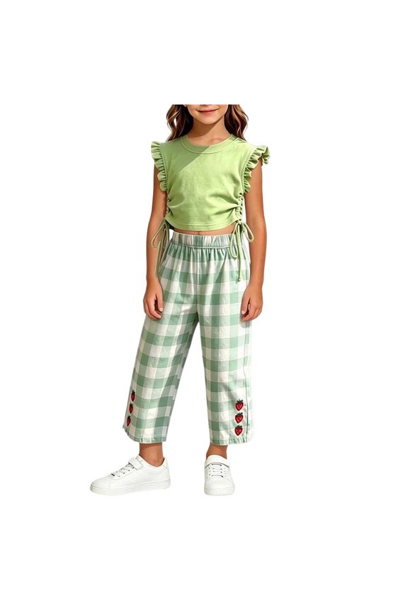 Girls 2PC Outfits Crop Ruffle Sleeve Ruched Side T-Shirts Rainbow Plaid Wide Leg Pants Sets Mint Green 7-10 Years